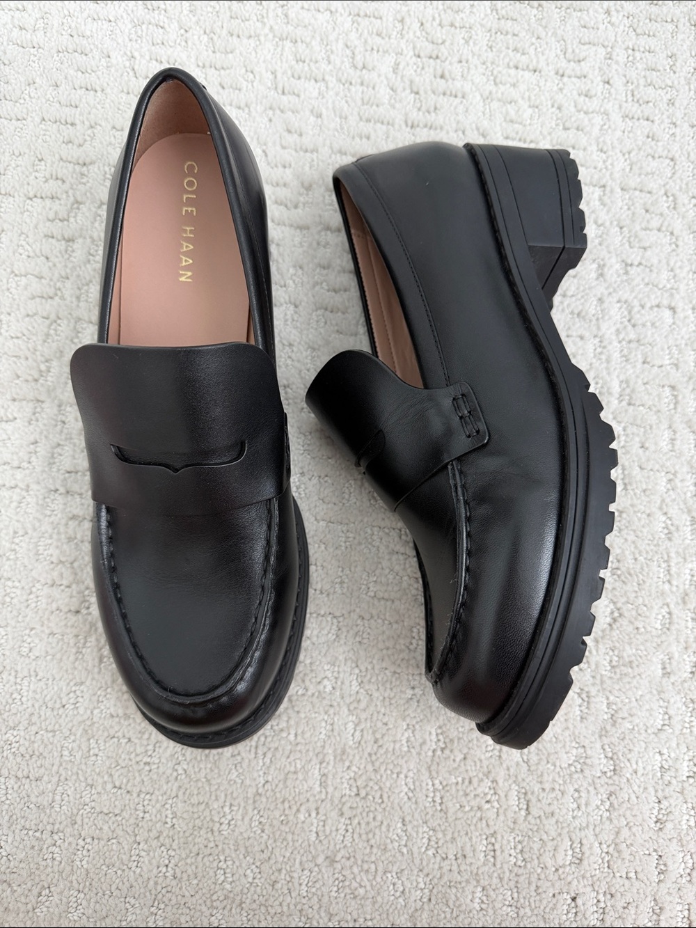 Cole Haan Black Leather Lug-Sole Penny Loafers